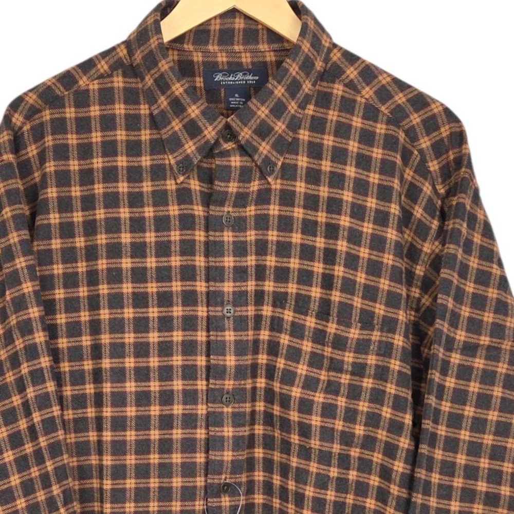 Brooks Brothers Flannel Shirt Mens XL Gray Tan Plaid Button Down Long Sleeve New